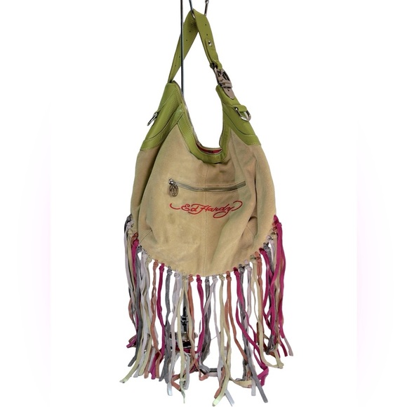 Y2K Ed Hardy LOVE Green Leather‎ Suede Fringe Shoulder Handbag with Crystal Rose - Picture 2 of 15